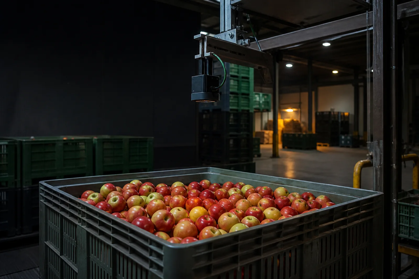 Bin de manzanas bajo una cámara industrial para análisis antes del empaque